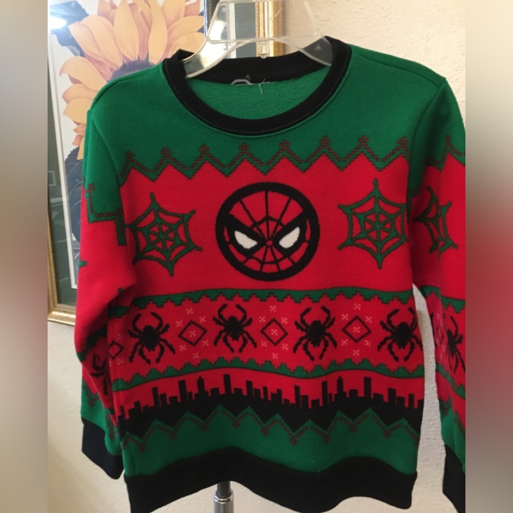 Spider-Themed Red and Green Christmas Sweater